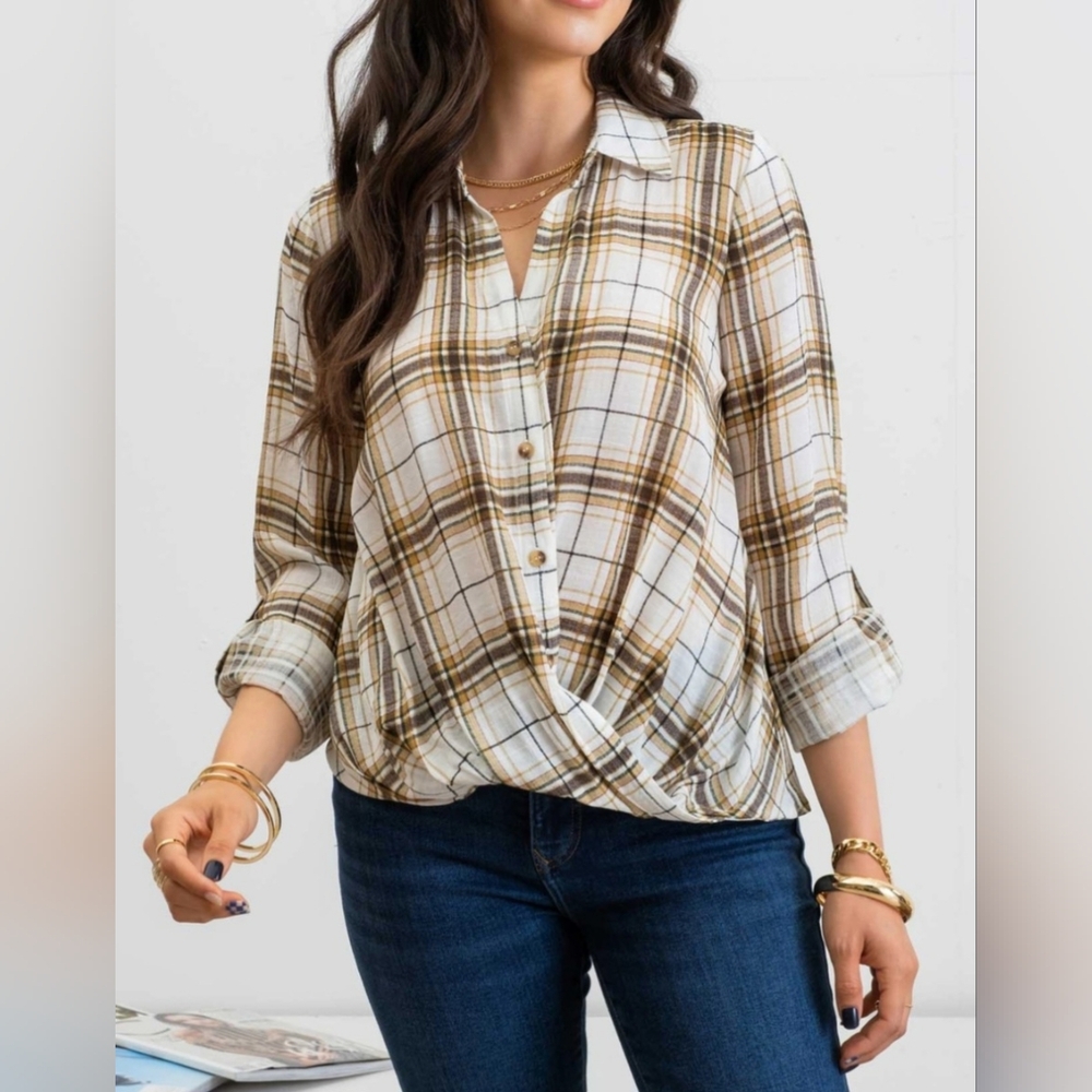 #351 🛑S, M  Boho Plaid Draped Roll Tab Sleeve Top - Picture 4 of 5